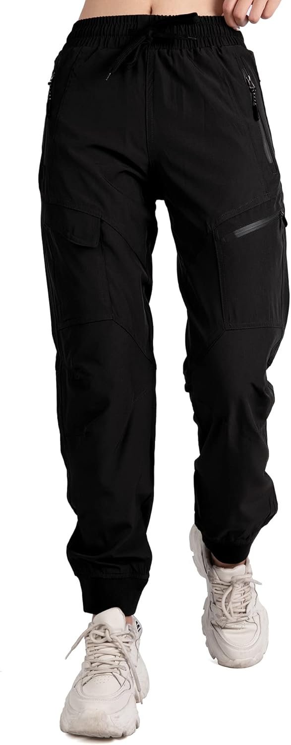 Singbring Women’s Athletic Hiking Cargo Joggers Pants Outdoor Workout Lightweight Quick Dry UPF 50 Zipper Pockets