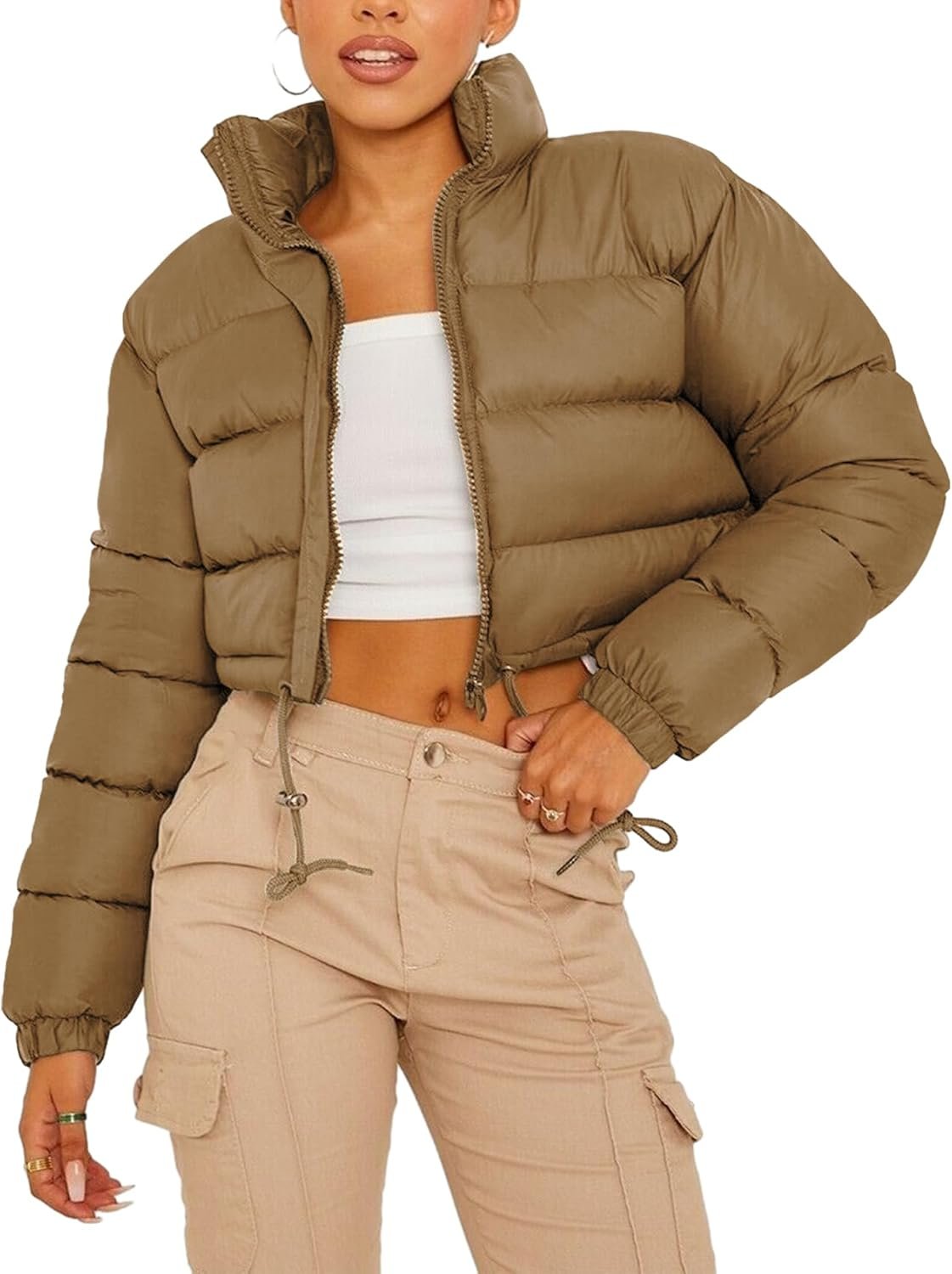 PEHMEA Women’s Cropped Puffer Jacket Winter Warm Zip Up Stand Collar Short Down Bubble Coat with Pocket