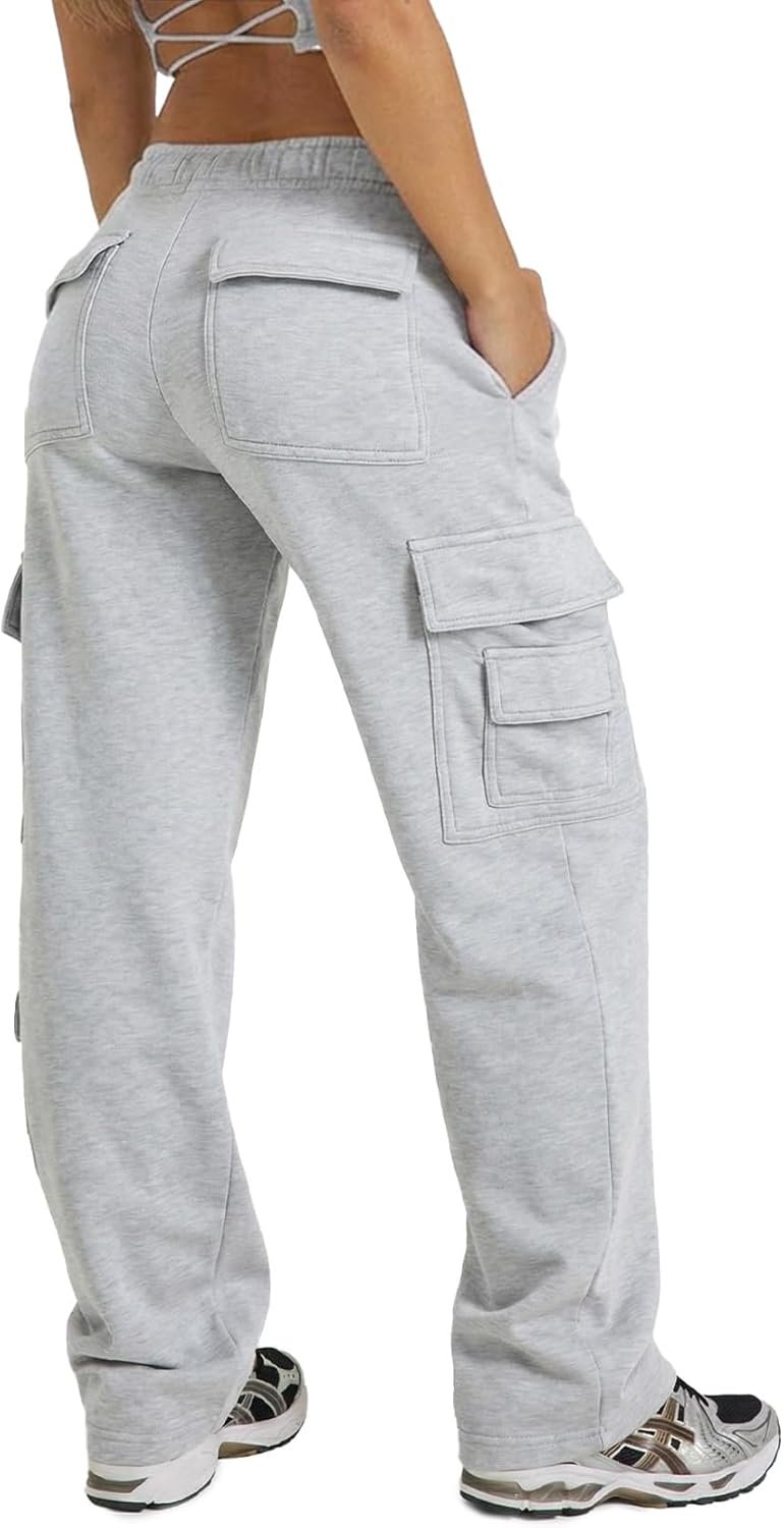 Waitfairy Cargo Sweatpants for Women Straight Leg Fleece Lined Joggers Women Barrel Baggy Sweat Pants for Girls Fall Outfits