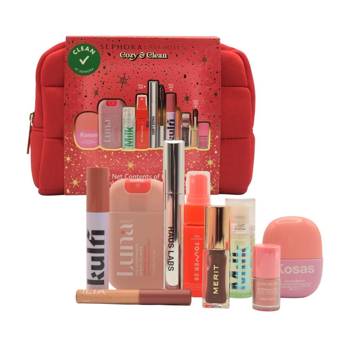 Sephora Cozy & Clean Makeup Holiday Gift Set – 9 Clean Beauty Essentials with Lip, Primer, Mascara & Skincare