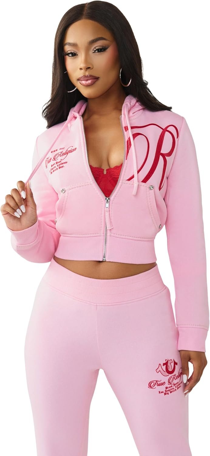 True Religion Women’s Shrunken Big T Zip Hoodie – Cropped Fit, Split Pockets, Horseshoe Detailing