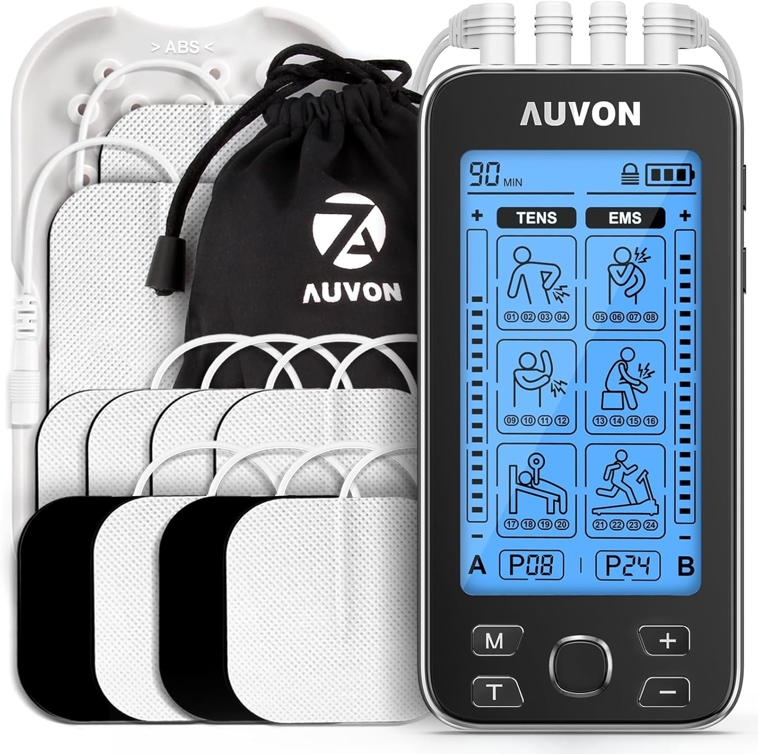 AUVON 4 Outputs TENS Unit EMS Muscle Stimulator Machine for Pain Relief Therapy with 24 Modes Electric Pulse Massager, 2″ and 2″x4″ Electrodes Pads, Black