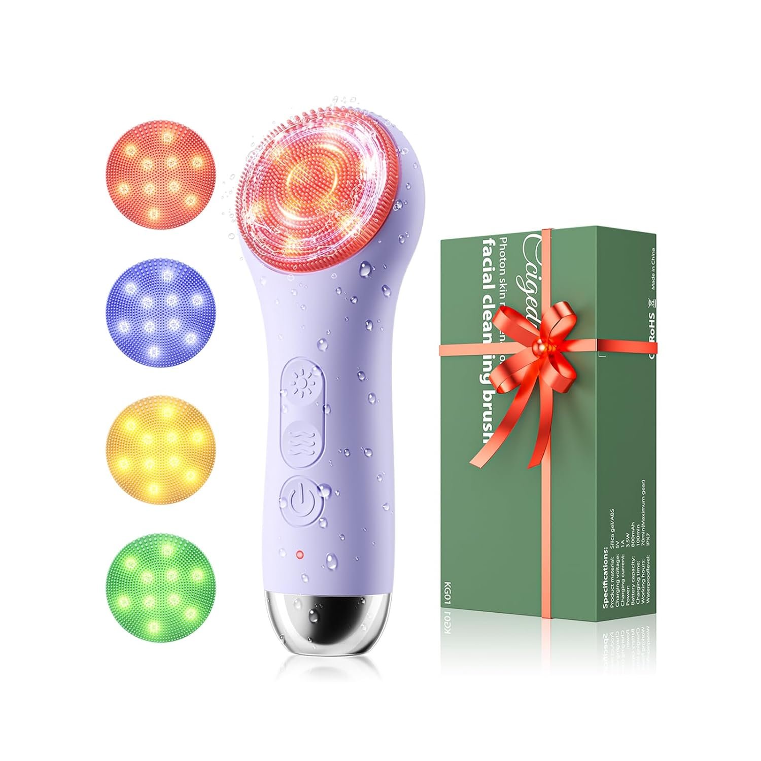 Face Scrubber Facial Cleansing Brush – Waterproof and Rechargeable Face Cleansing Brush with 4 LED Gentle Light, Cleansing, Exfoliating and Massaging, Electric Face Scrub Brush for Men & Women