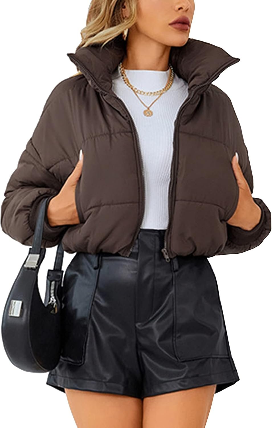 Lumister Womens Lightweight Quilted Jacket Long Sleeve Stand Collar Zipper Cropped Puffer Jacket Coat