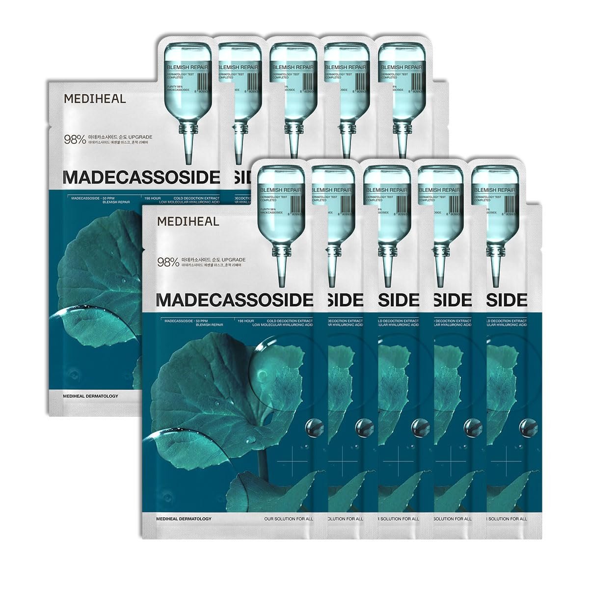 Mediheal Essential Face Mask [Madecassoside] Blemish Repair 10 pcs. with 98% Purity Madecassoside & Hyaluronic Acid – Soothing Care, Hydrating- Travel Essentials, Vegan Formula Korean Sheet Mask