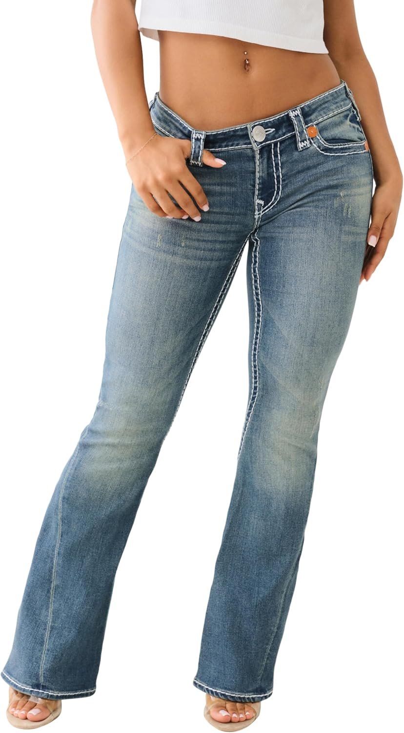 True Religion Women’s Joey Low Rise Super T Flare Jeans – Denim Flap Pocket Bell Bottom Jeans