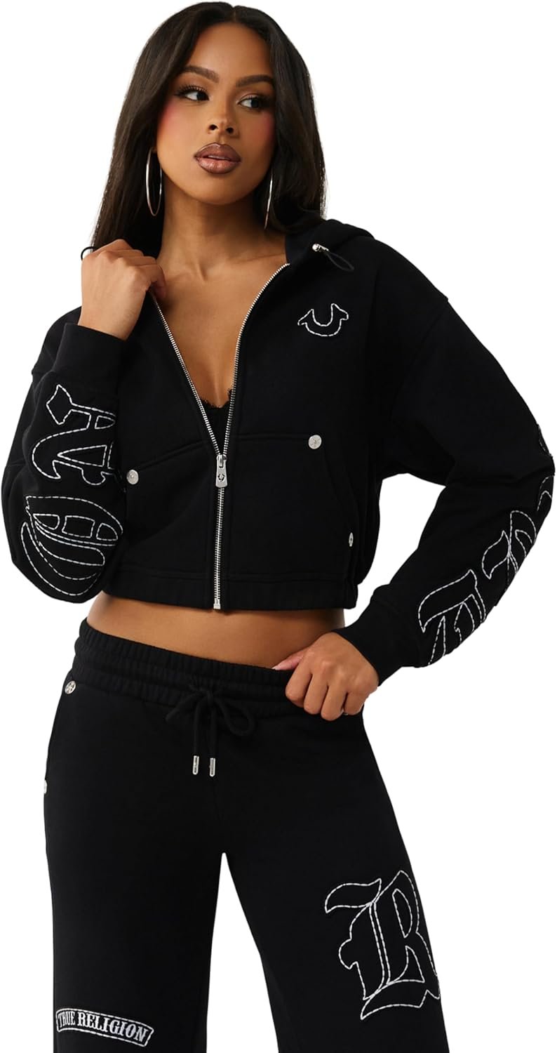 True Religion Women’s Horseshoe Appliqué Zip Hoodie – Full Zip Sweatshirt