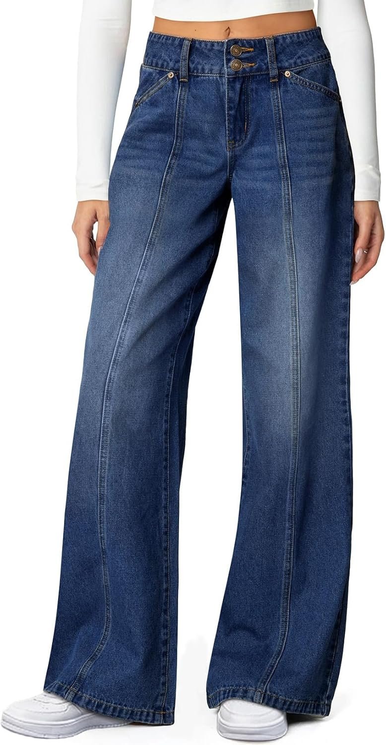 Sidefeel Women’s Wide Leg Jeans High Waisted Stretchy Straight Leg Jeans Trendy Seamed Front Loose Denim Pants