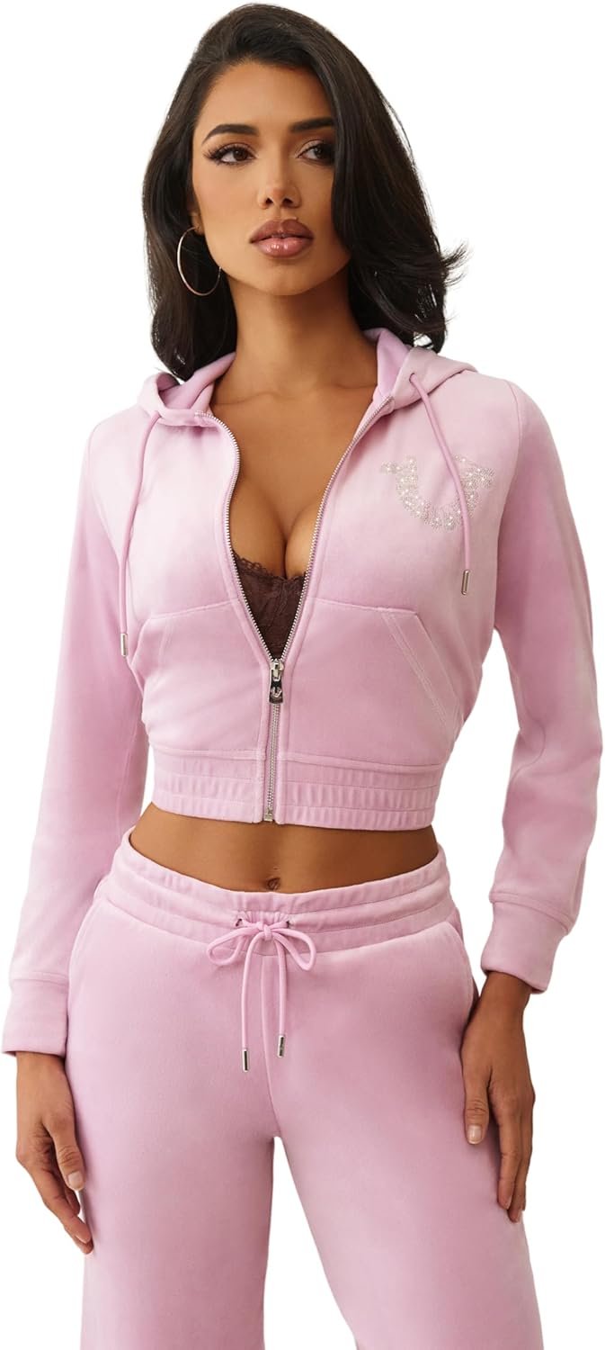 True Religion Women’s Branded Crystal Velour Zip Hoodie – Full‑Zip Plush Sweatshirt