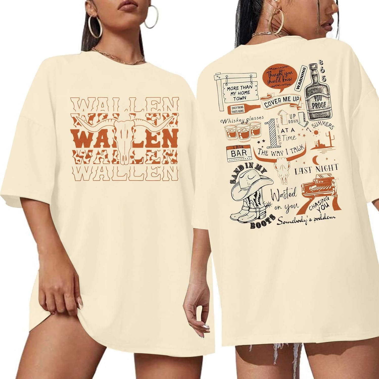 BANGELY Cow Skull Women Oversized Shirt Country Music T-Shirt Vintage Western Graphic Tee 80 90s Music Lover Short Sleeve Top