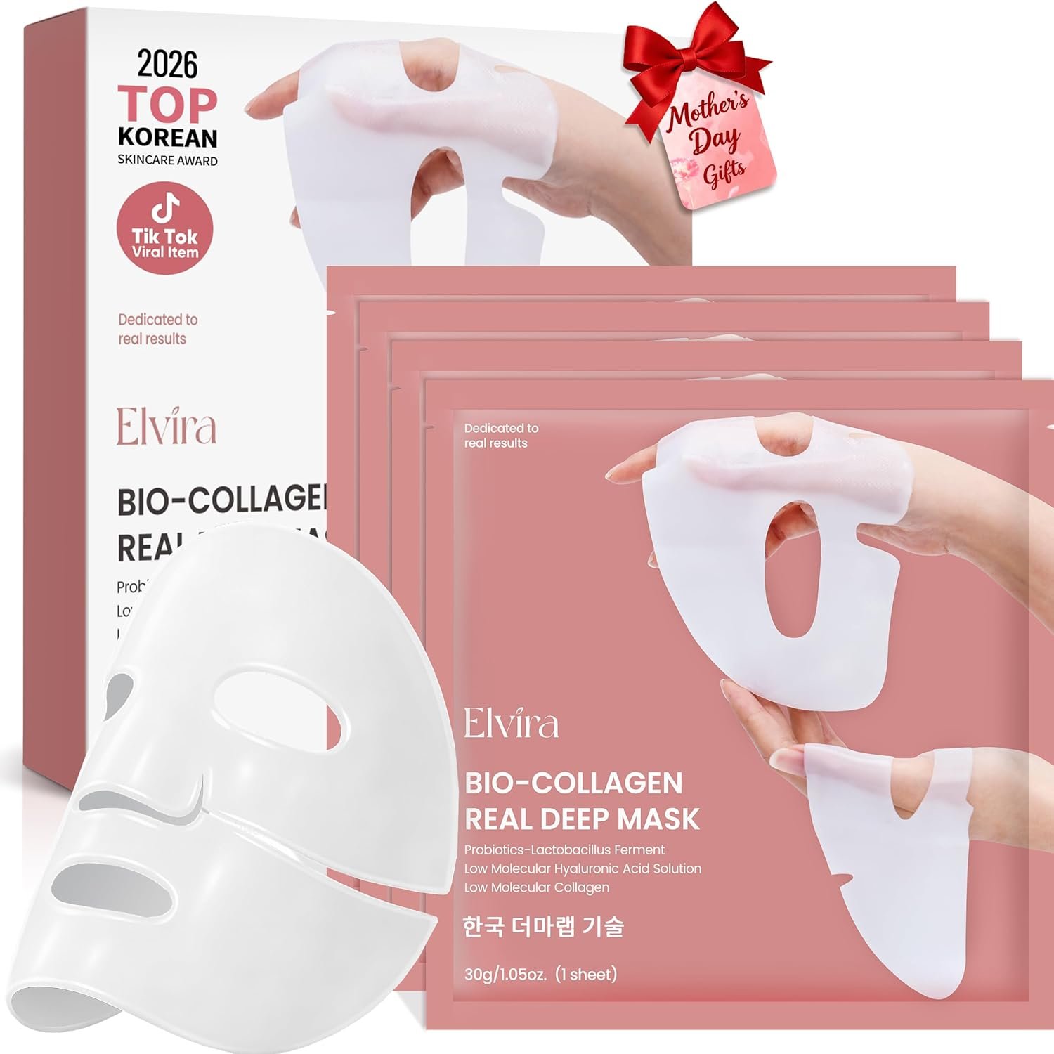Elvira Bio-Collagen Real Deep Mask, Overnight Hydrating Face Mask with Hyaluronic Acid, Korean Skincare Face Mask for Moisturizing and Firming, Face Masks Sheet for All Skin Types, 4 Pack