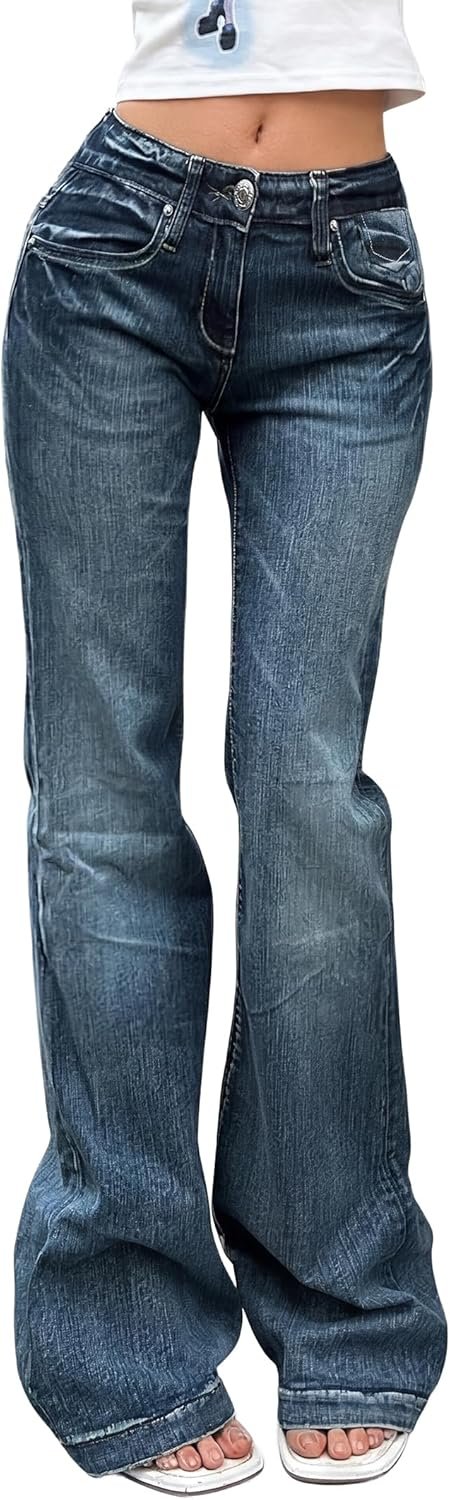 EMMIOL Women Mid-High Waisted Flare Jeans Y2K 90s Vintage Stretchy Bootcut BBL Denim Pants Bell Bottom Medium Dark Blue