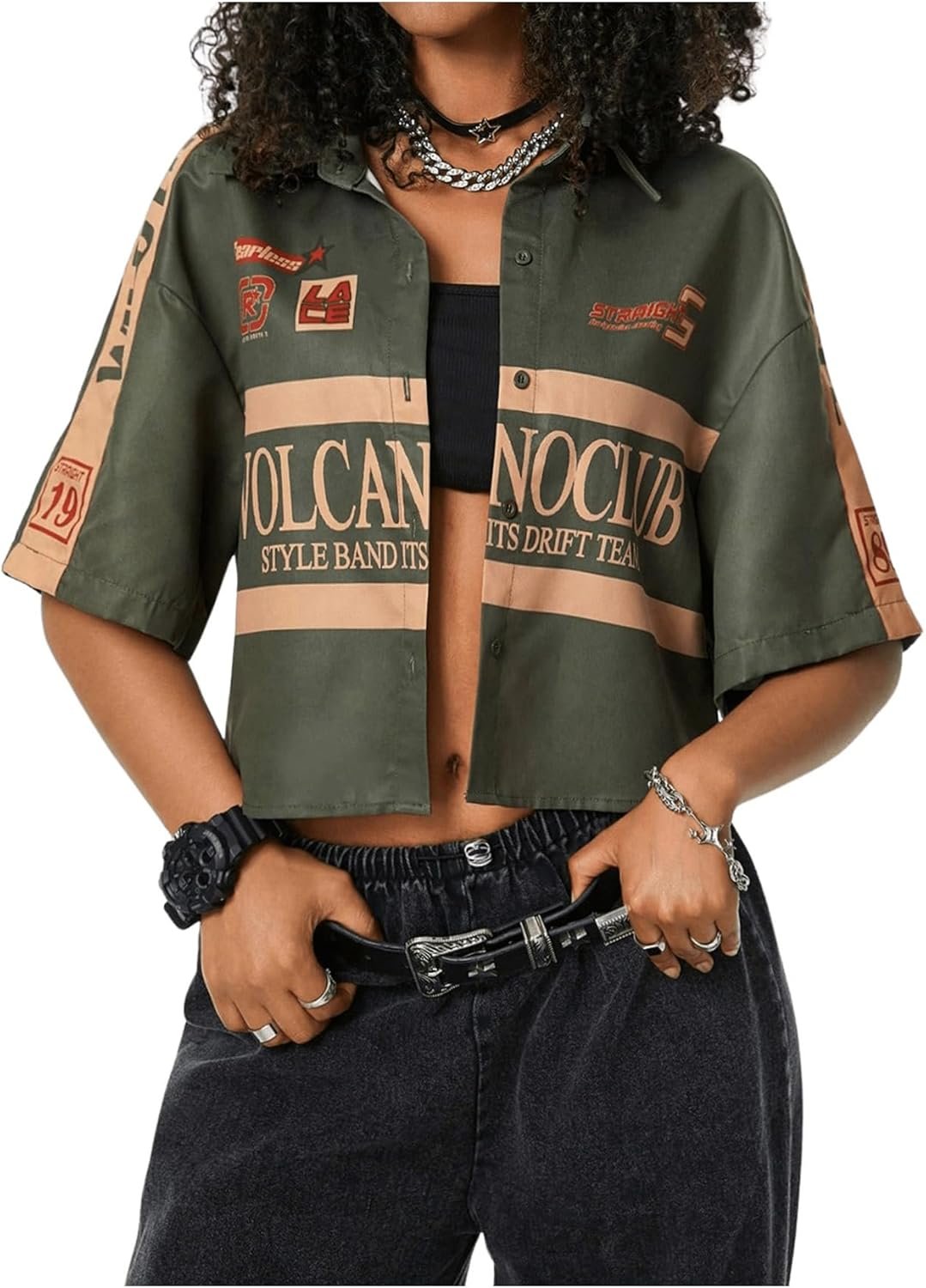 SOLY HUX Women’s Summer Button Down Vintage Shirt Short Sleeve Graphic Crop Tops Motorcycle Blouse