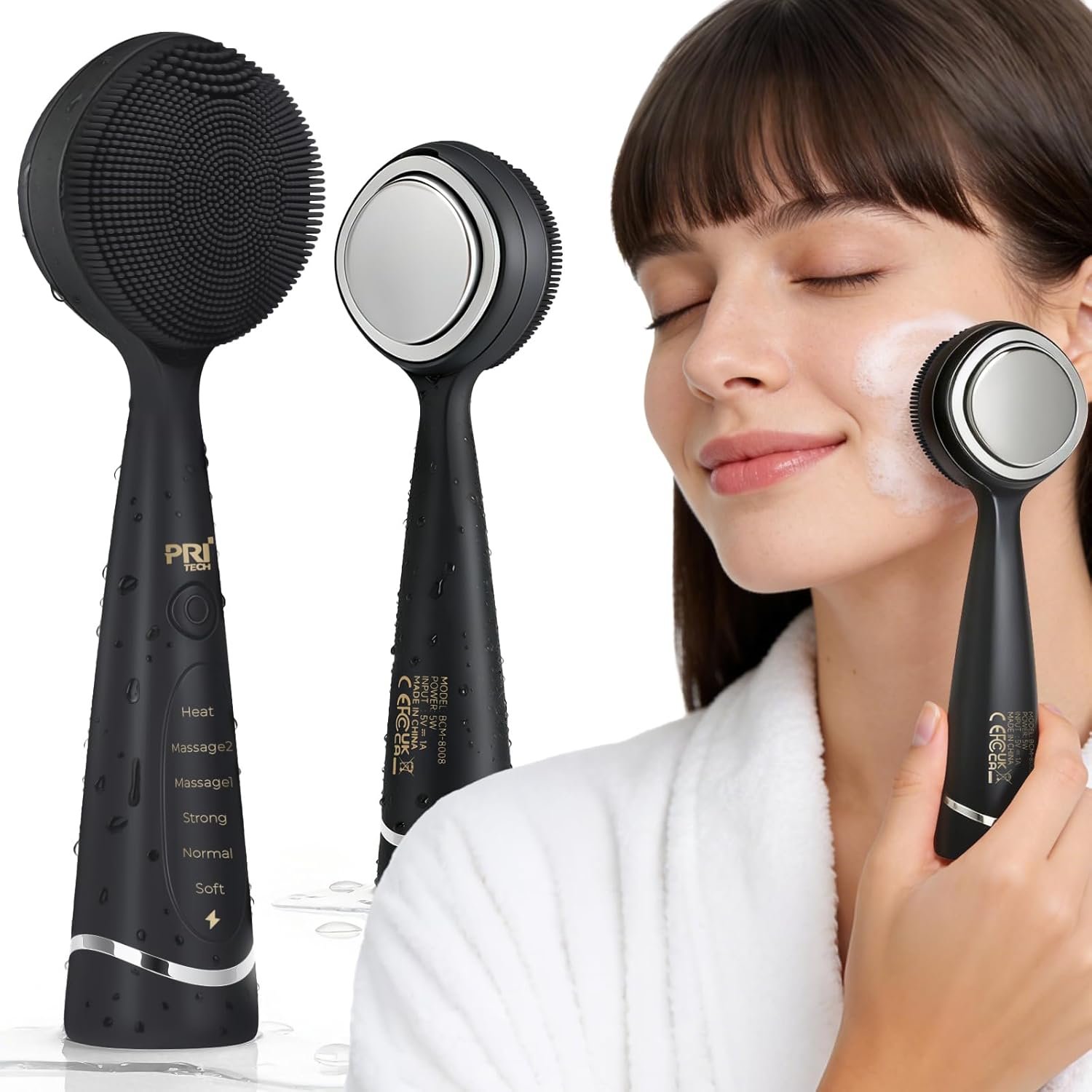 PRITECH Facial Cleansing Brush, Rechargeable Silicone Face Scrubber with Constant-Temperature Heating, Vibrating Exfoliator Scrubber for Deep Pore Cleaning, Waterproof Face Brush for Women & Men-Black