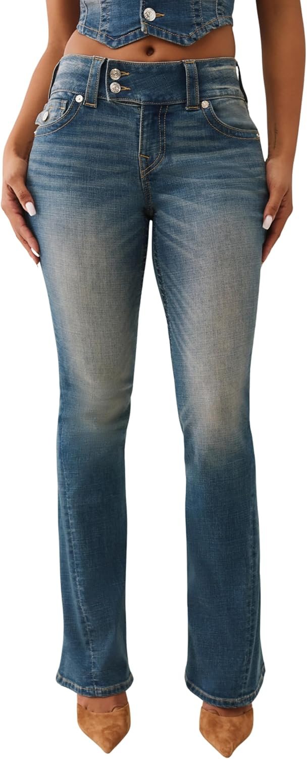 True Religion Joey Low Rise Flare Women’s Jeans | Vintage Denim with Flap Pockets & Iconic Stitching
