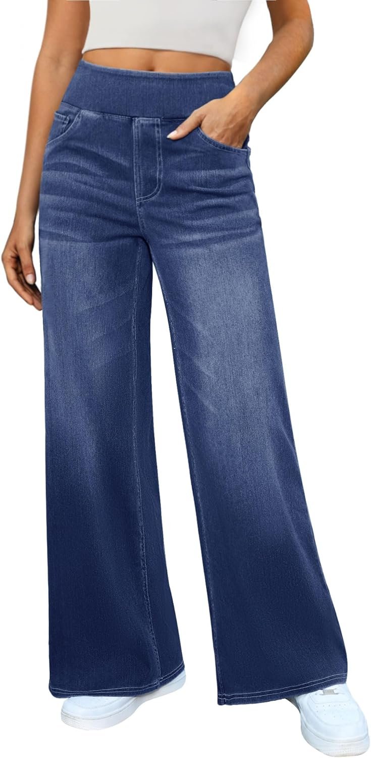 DLOODA Women’s Wide Leg Jeans High Waisted Stretchy Denim Pants Elastic Waist Pull On Sweatpant Jeans Trendy Baggy Loose