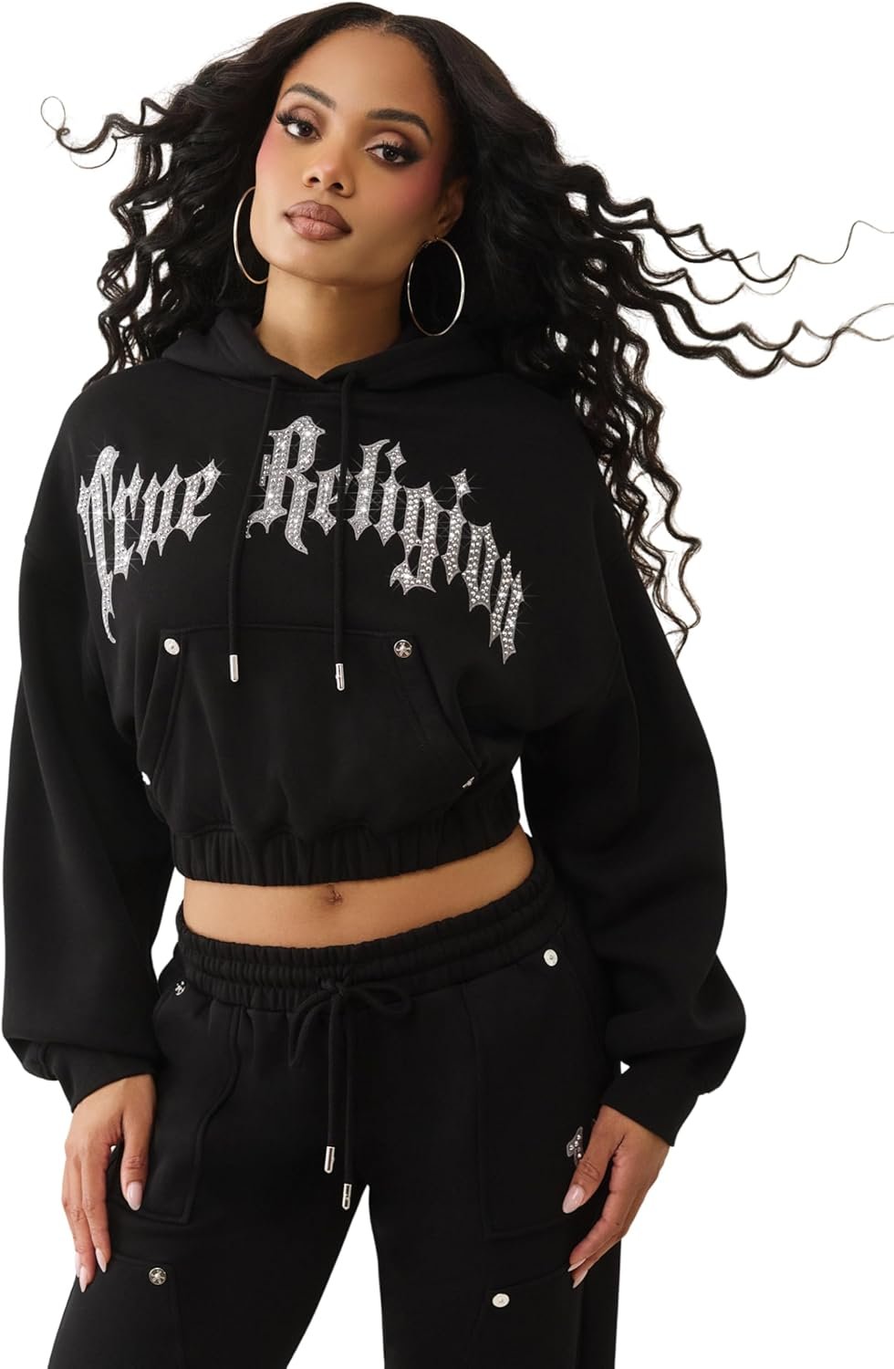 True Religion Studded GF Pullover Hoodie for Women – Fleece Cotton Blend, Cozy Fit, Logo Detail