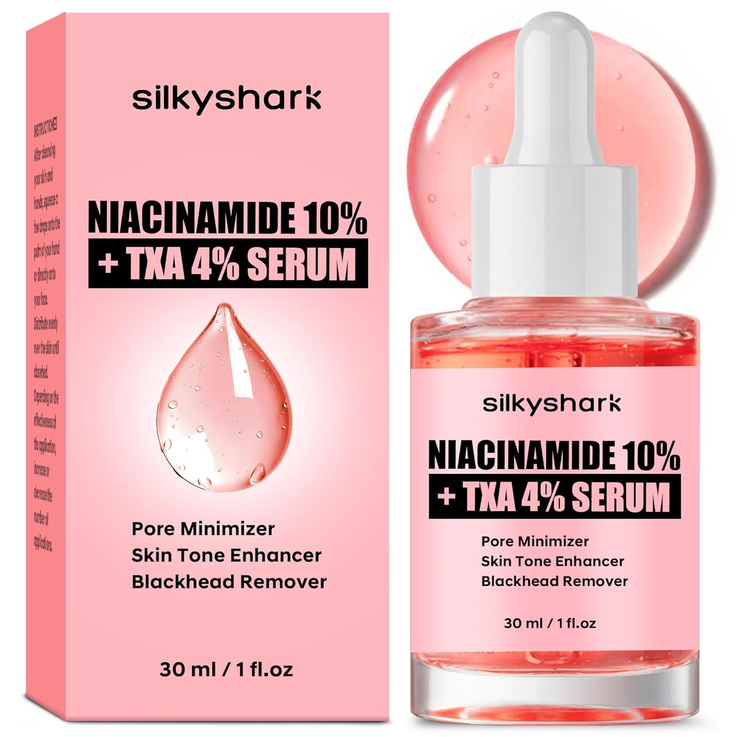 SilkyShark Niacinamide Serum (1 Fl Oz), 10% Niacinamide + 4% Tranexamic Acid Serum, Face Serums for Pore Minimizing, Dark Spots, Blackhead Removal, Hydrating, and Anti-Aging