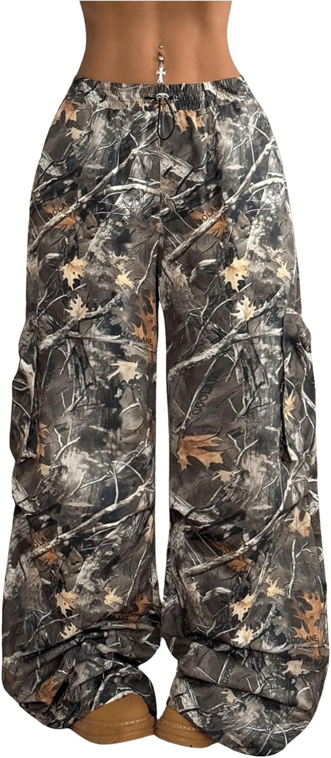 Verdusa Women’s Camo Cargo Baggy Pants Y2K Streetwear Drawstring Wide Leg Trousers Flare Sweatpants