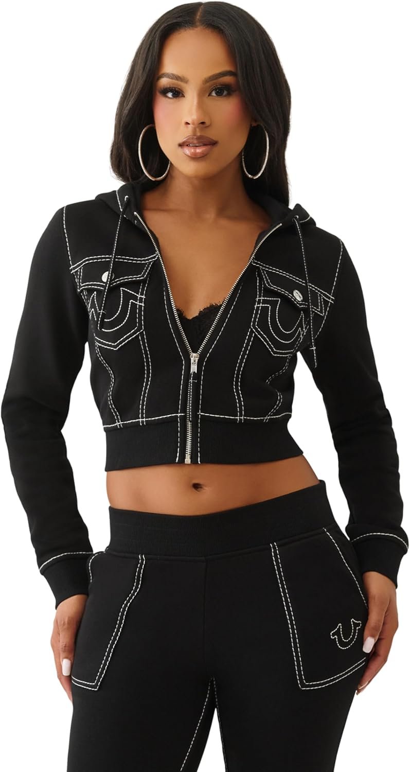 True Religion Shrunken Women’s Cropped Zip Up Hoodie – Big T Stitching & Iconic Horseshoe Logo