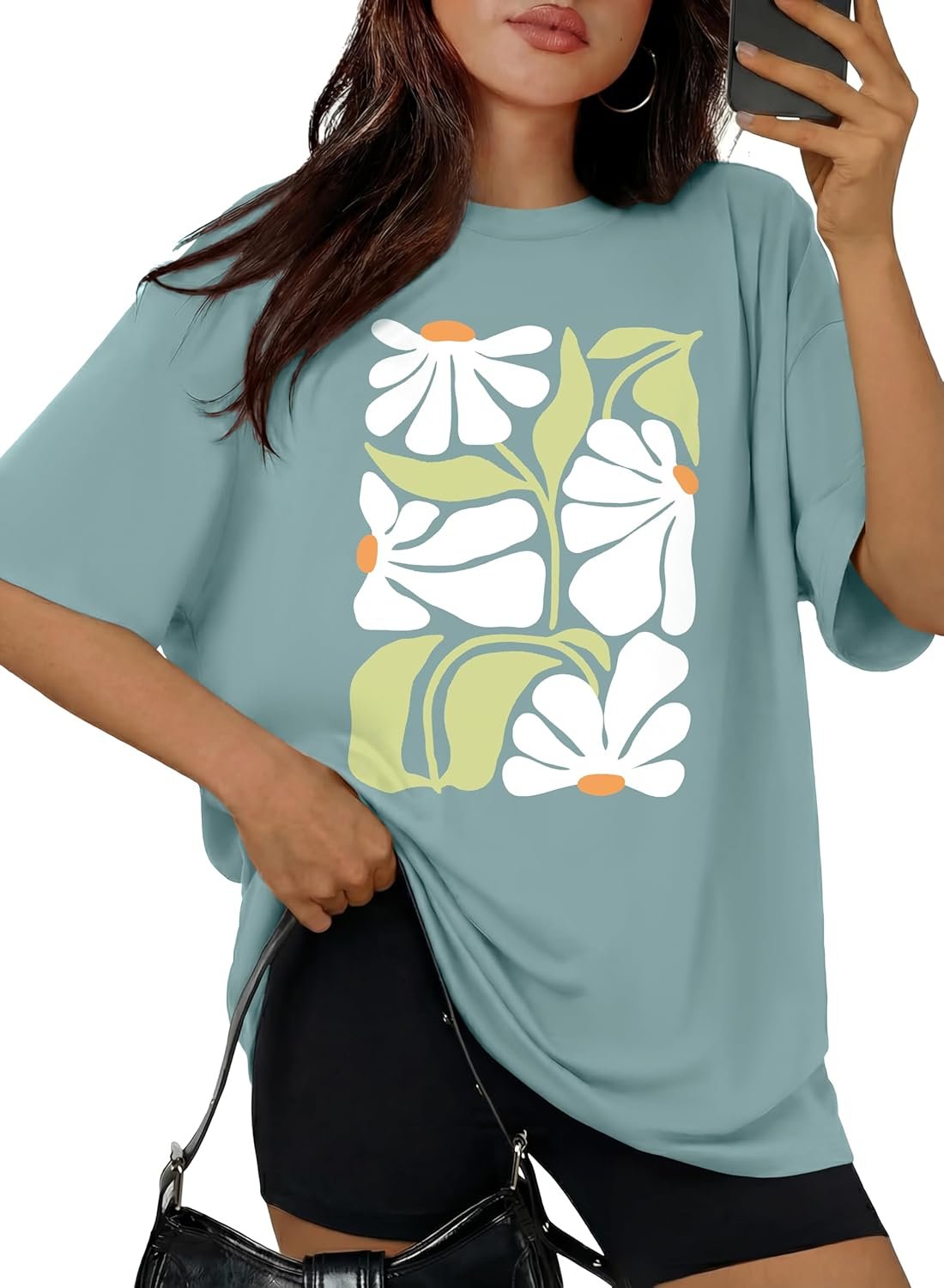 Womens Oversized Tshirt Flower Graphic Tees Crew Neck Short Sleeve Shirts Summer Casual Loose Workout Tops