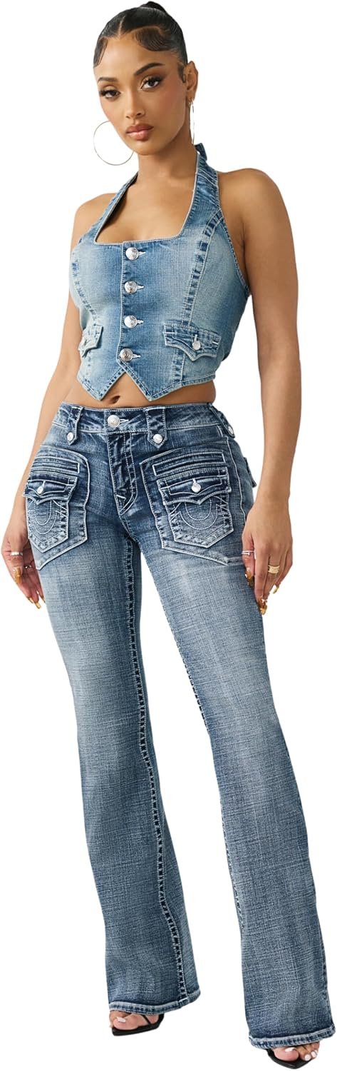 True Religion Women’s Becca Mid Rise Flap Bootcut Jean – Stretch Denim, Light Wash, Flattering Mid-Rise Fit, Retro Pockets