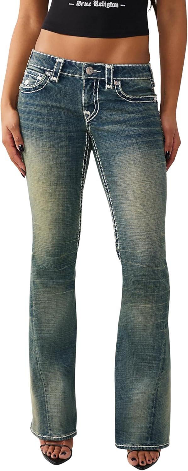 True Religion Women’s Joey Low Rise Super T Flare Jean – Stretch Denim, Low Rise Fit, Iconic Flare Leg