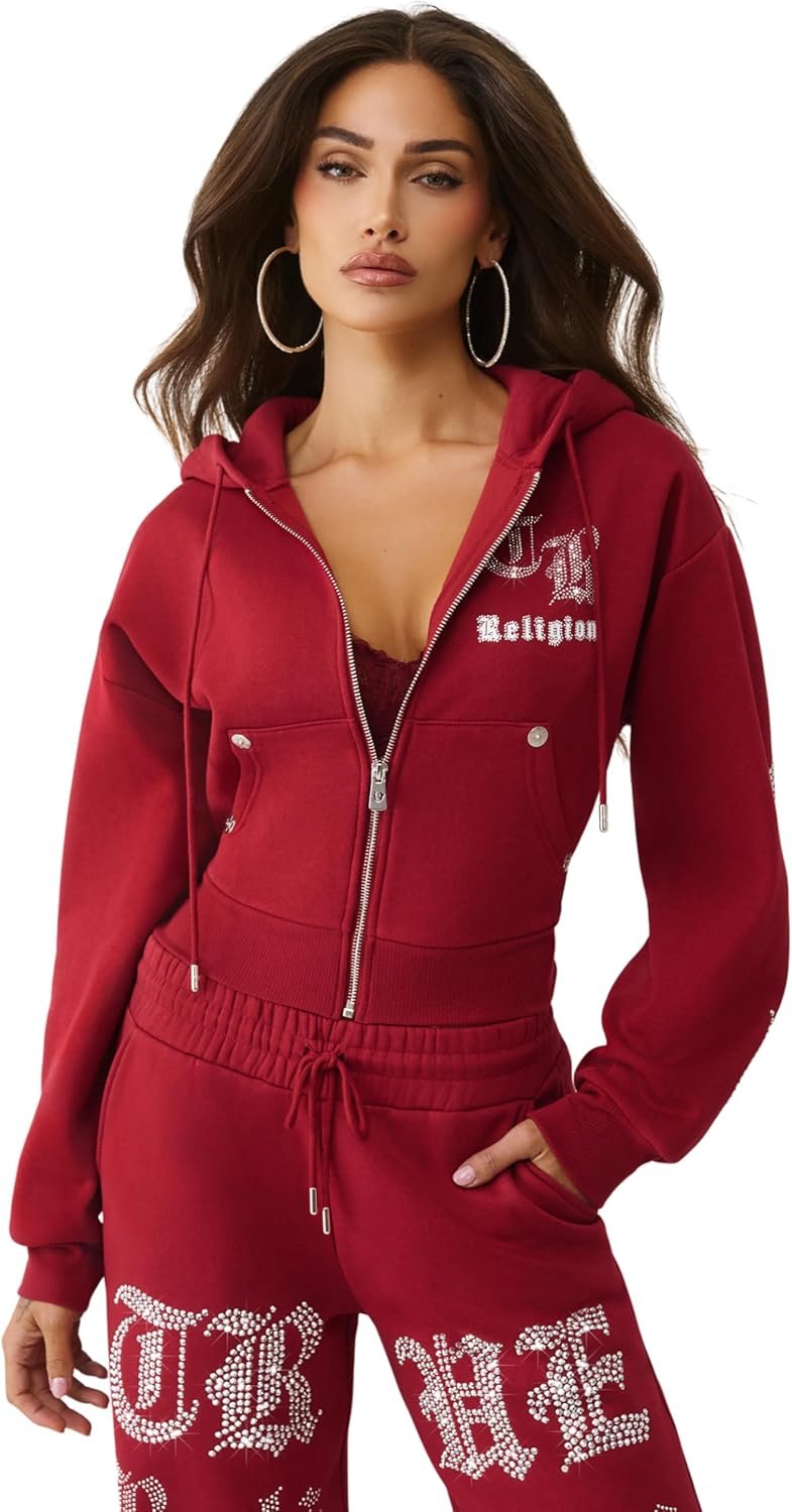 True Religion Crystal Logo Crop Zip Hoodie for Women – Cozy Fleece-Lined Cotton Blend