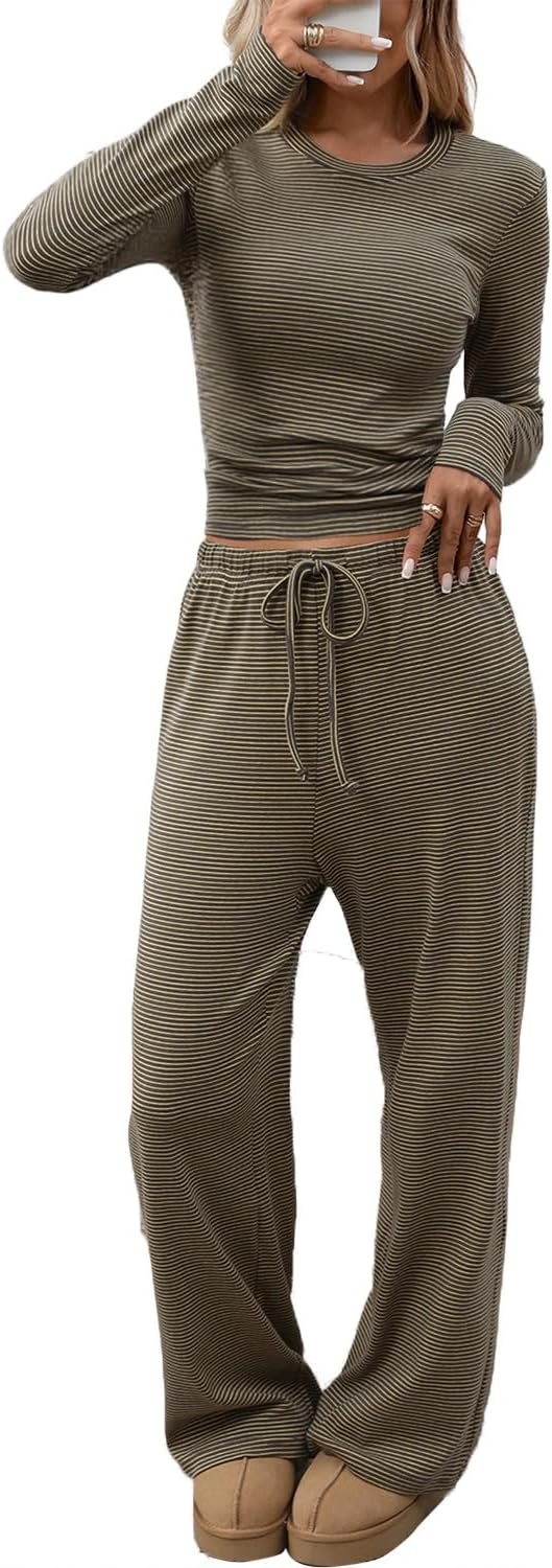 CHYRII Womens Two Piece Sets Fall Fashion Striped Long Sleeve Tops Wide Leg Palazzo Pants Outfits Loung Sets