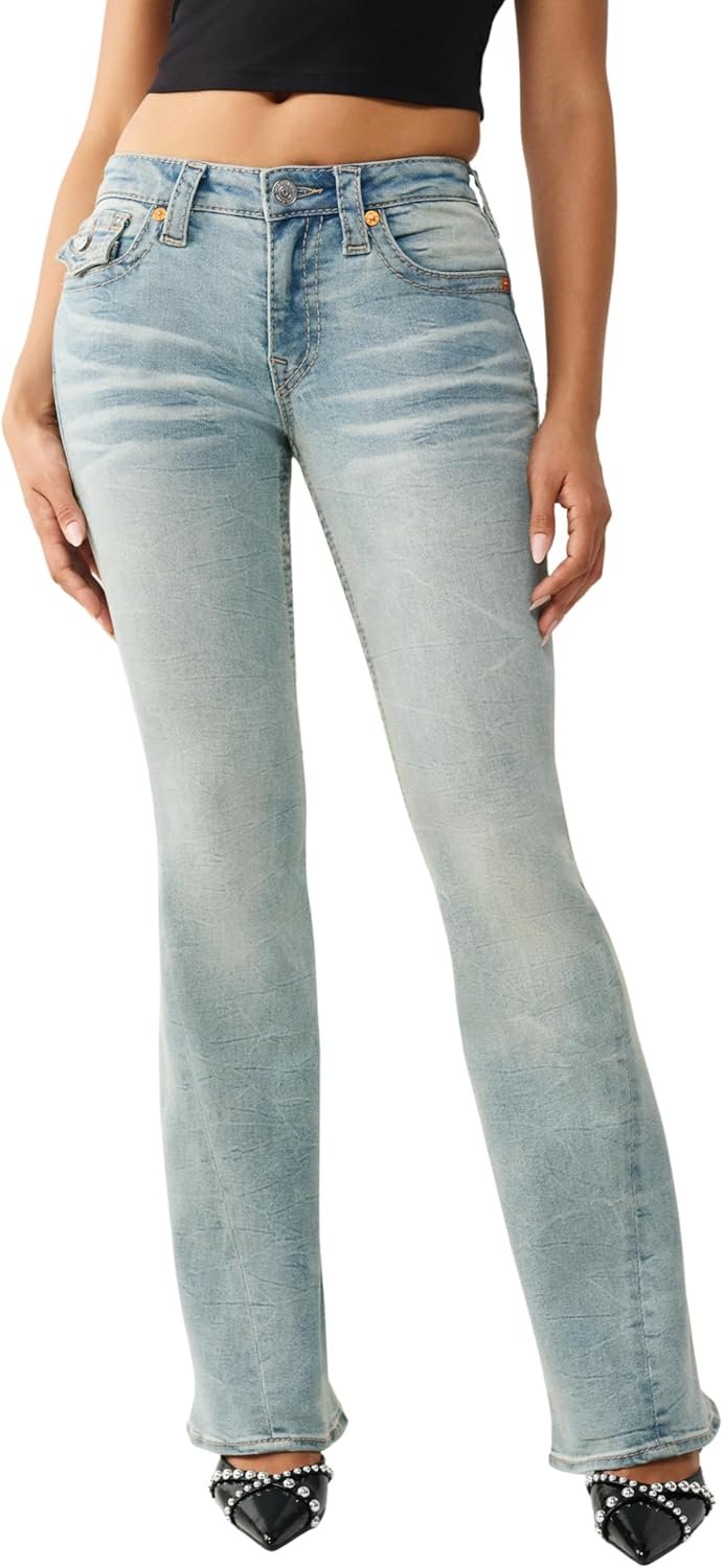 True Religion Women’s Joey Mid Rise Big T Flare Jeans – Pink Horseshoe Flap Pockets & Classic Flared Denim Fit