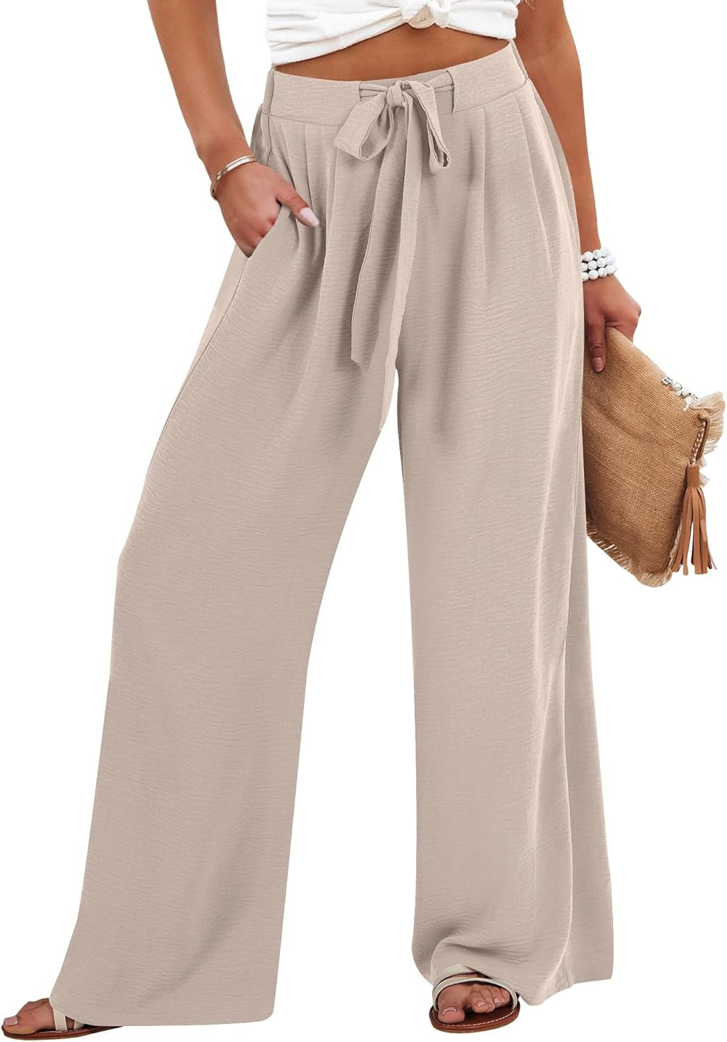 Caracilia Wide Leg Palazzo Pants for Women Summer High Waist Flowy Loose Casual Lounge Trousers Beach Travel Vacation Clothes