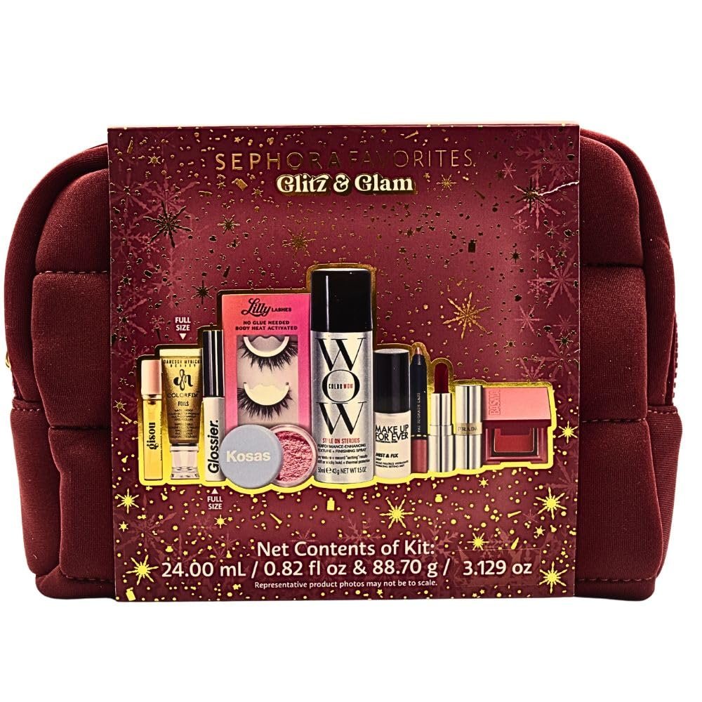 Sephora Glitz & Glam 10 Piece Holiday Gift Set: Makeup, Hair & Skincare Essentials with Red Lipstick, Blush, Powder & Lashes