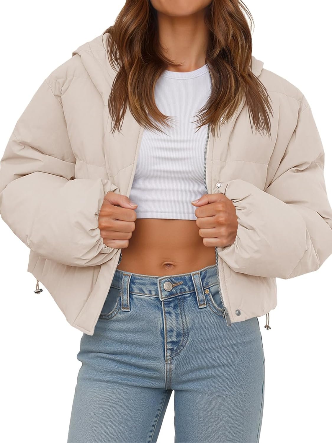 Tankaneo Women’s Cropped Puffer Jacket Casual Winter Hoodie Baggy Short Down Coats with Pockets