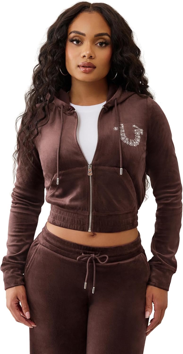 True Religion Women’s Branded Crystal Velour Zip Hoodie – Full‑Zip Plush Sweatshirt