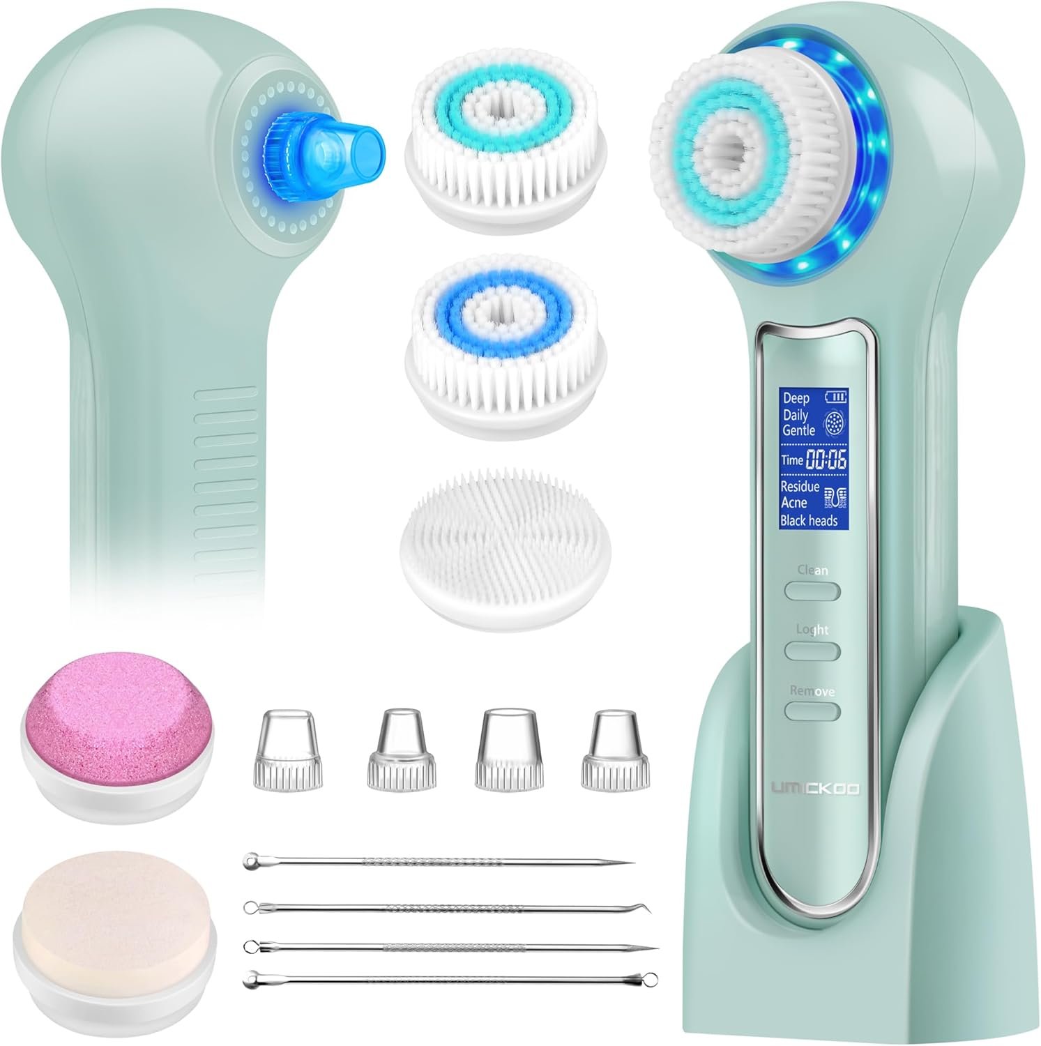 UMICKOO Face Scrubber Exfoliator,Facial Cleansing Brush Waterproof with LCD Screen,Blackhead Remover Vacuum with 5 Brush Heads,Face Spin Brush for Exfoliating (Green)