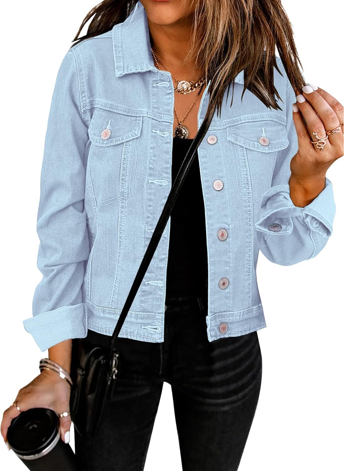 GRAPENT Women’s Basic Button Down Long Sleeve Stretchy Jean Trucker Denim Jacket
