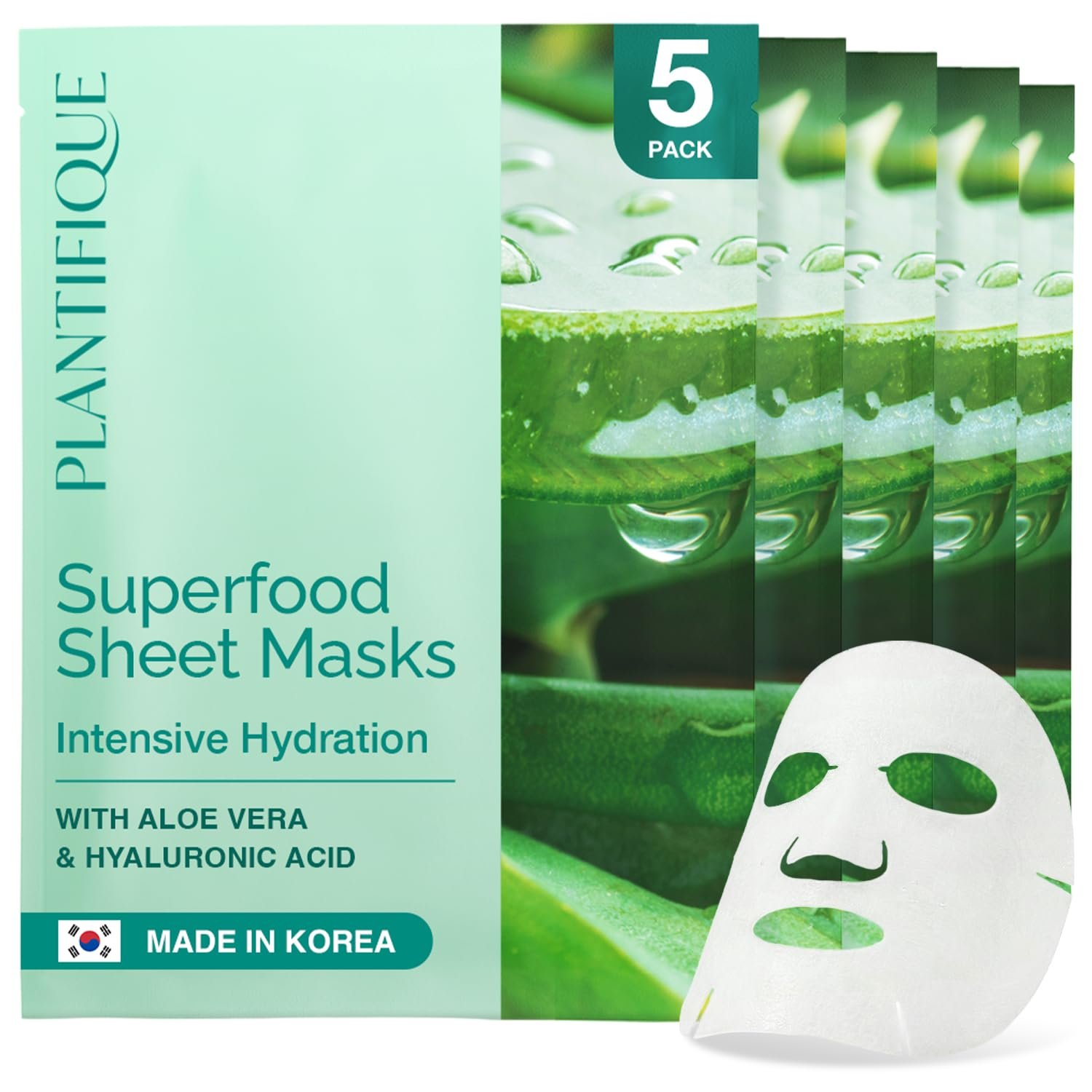 PLANTIFIQUE Facial Sheet Mask Hydration Heaven 5 pack – Aloe Vera & Hyaluronic Acid Hydrating & Refreshing Face Masks – Korean Skincare for Dry or Tired Skin