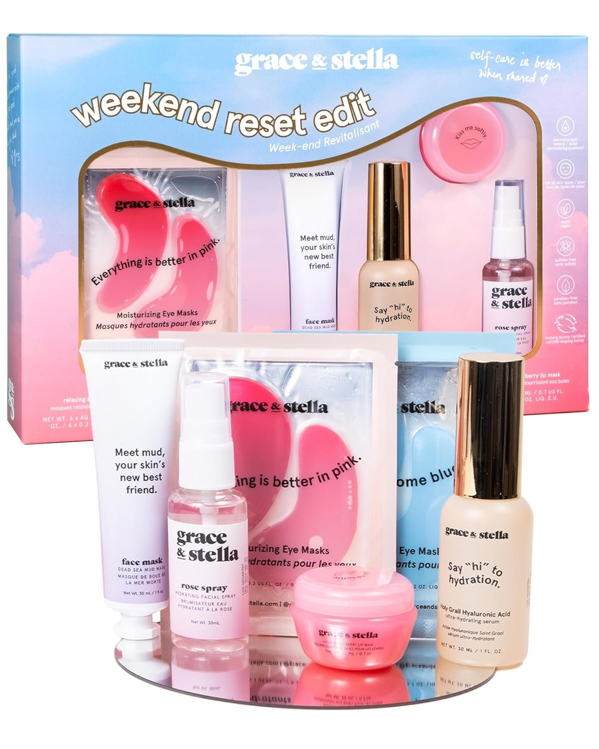 grace & stella Award Winning Skin Care Set – Gift Set for Women – Travel Essentials with Under Eye Masks, Serum, Cleanser, Lip Balm – Holiday Gift for Mom – Vegan Cruelty-Free Self Care