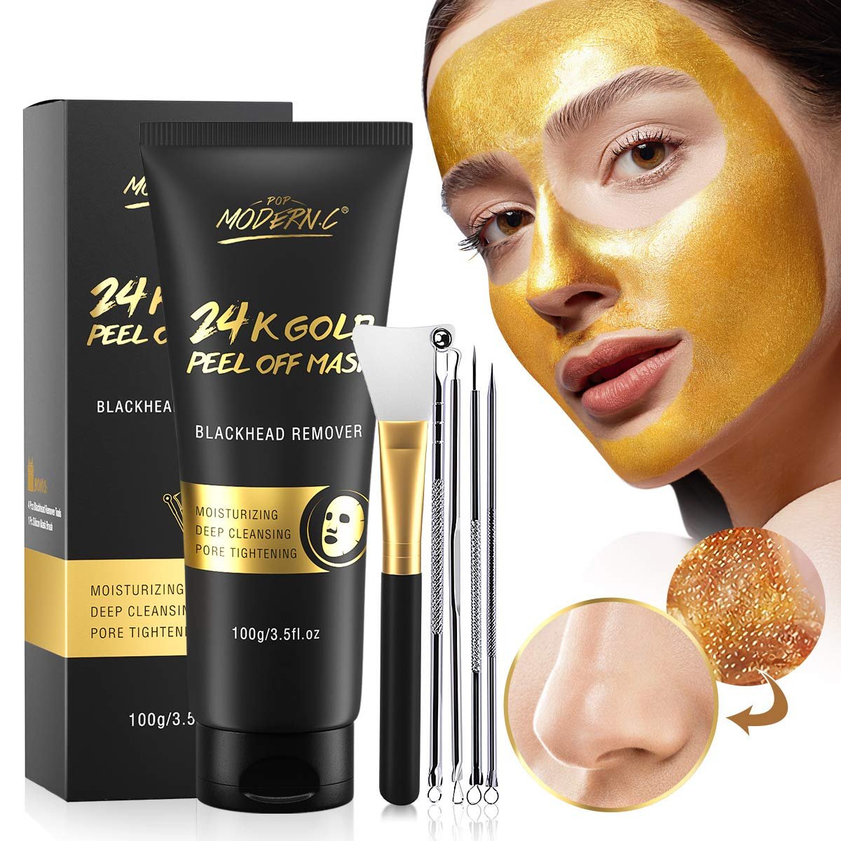 Blackhead Remover Mask, 24K Gold Peel Off Mask, Gold Facial Mask Anti-Aging, Deep Cleansing, Reduces Fine Lines＆ Wrinkles Great for All Skin, With Blackhead Remover Extractor Tools Kit & Brush