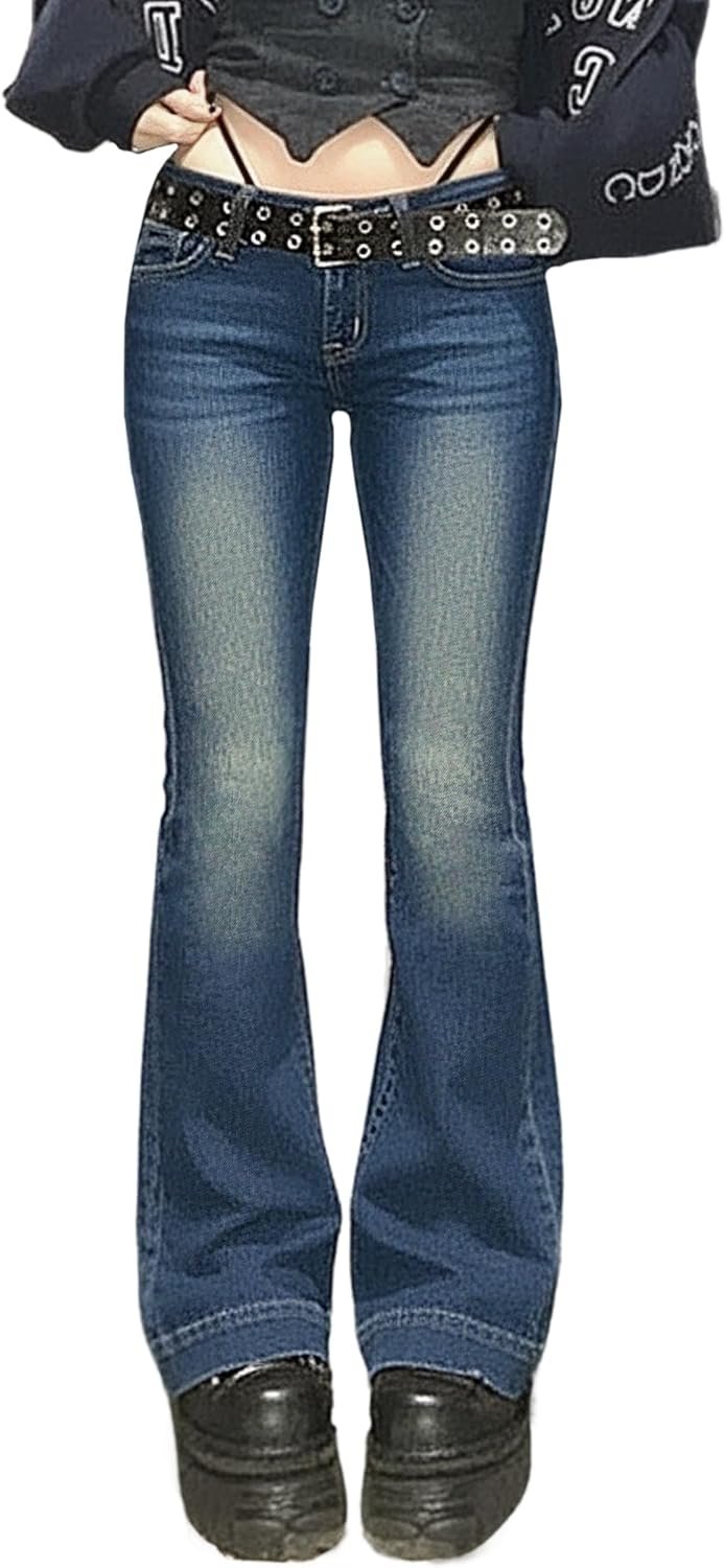 Women Bell Bottom Jeans Stretchy Flare Mid Rise Embroidery Vintage Denim Pants 90s Outfits Y2k Clothes