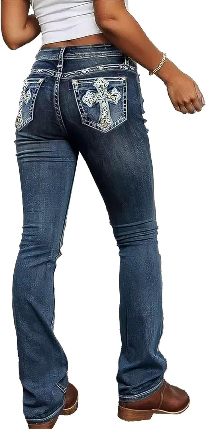 Flamingals Embroidered Bootcut Jeans for Women Mid Rise Stretchy Criss Cross Graphic Curvy Bell Bottom Jeans