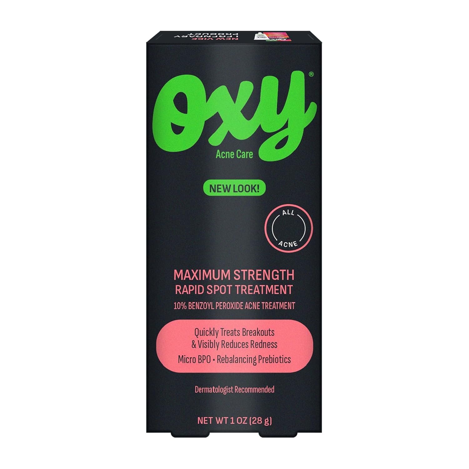 Oxy Rapid Acne Spot Treatment For Face & Body, Maximum Strength 10% Benzoyl Peroxide Acne Blemish Cream Medication for Acne and Blackheads, Prebiotic Pimple Cream for Acne Prone Skin Care, 1 oz