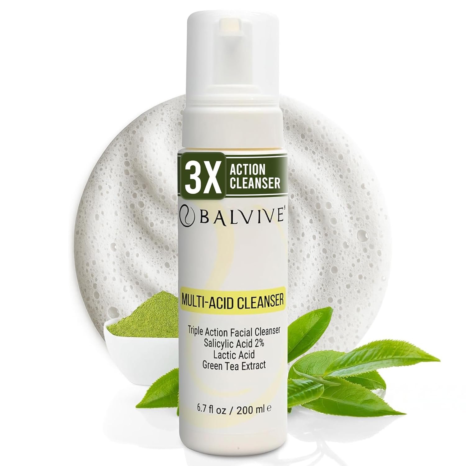 Foaming Facial Cleanser with Salicylic Acid, Glycolic Acid & Lactic Acid & Green Tea Extract– Face Wash for Acne, Oily & Sensitive Skin – Makeup Remover & Pore-Cleansing Skincare 6.7 fl oz