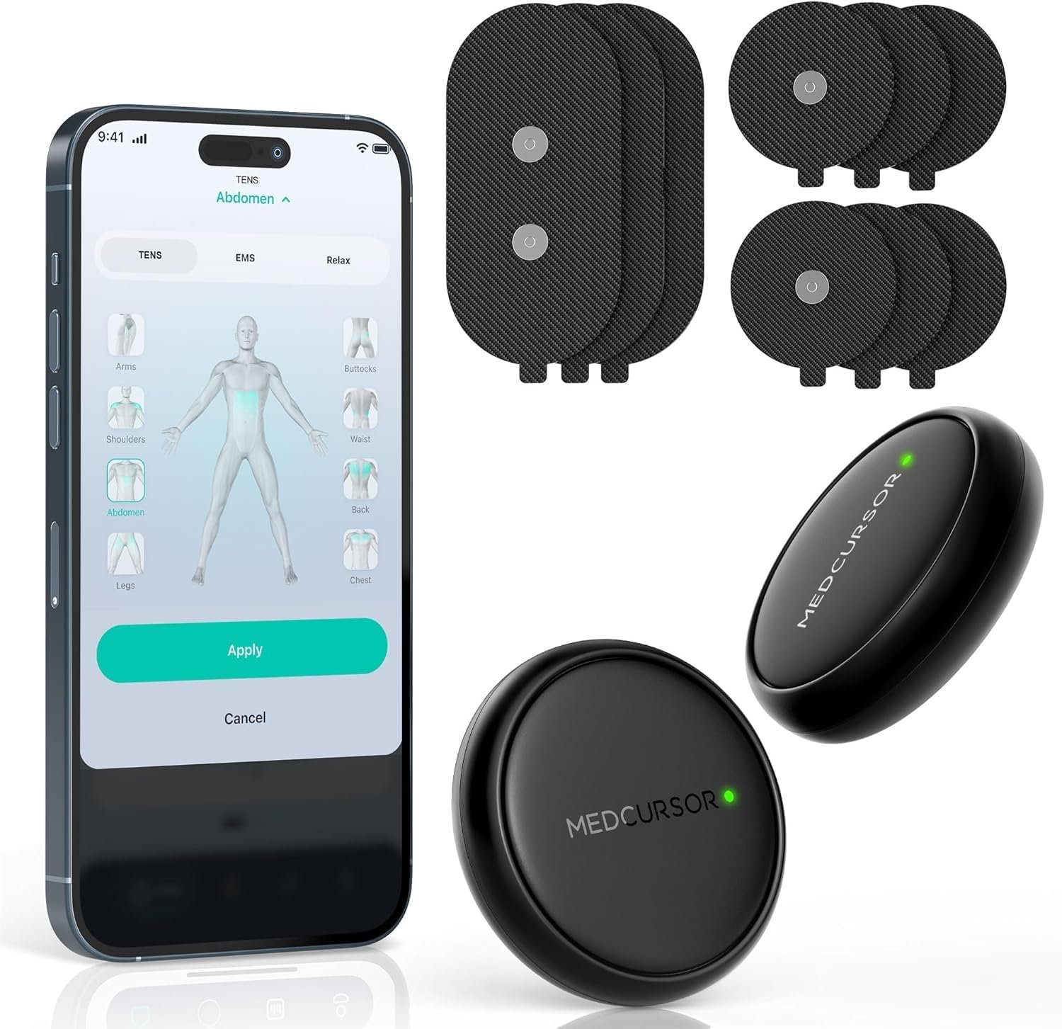 Medcursor TENS Unit Muscle Stimulator – Wireless 3-in-1 Dual-Channel EMS Machine with App Control & Session Memory, 25 Intensity Levels, 8 Target Areas, Storage Pouch, Designed for Back Pain Relief
