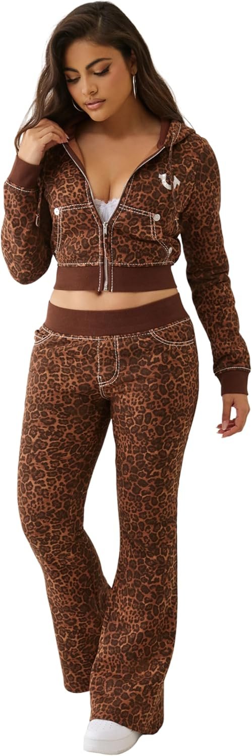 True Religion Women’s Big T Crystal Leopard Shrunken Zip Hoodie – Cropped Full-Zip Sweatshirt