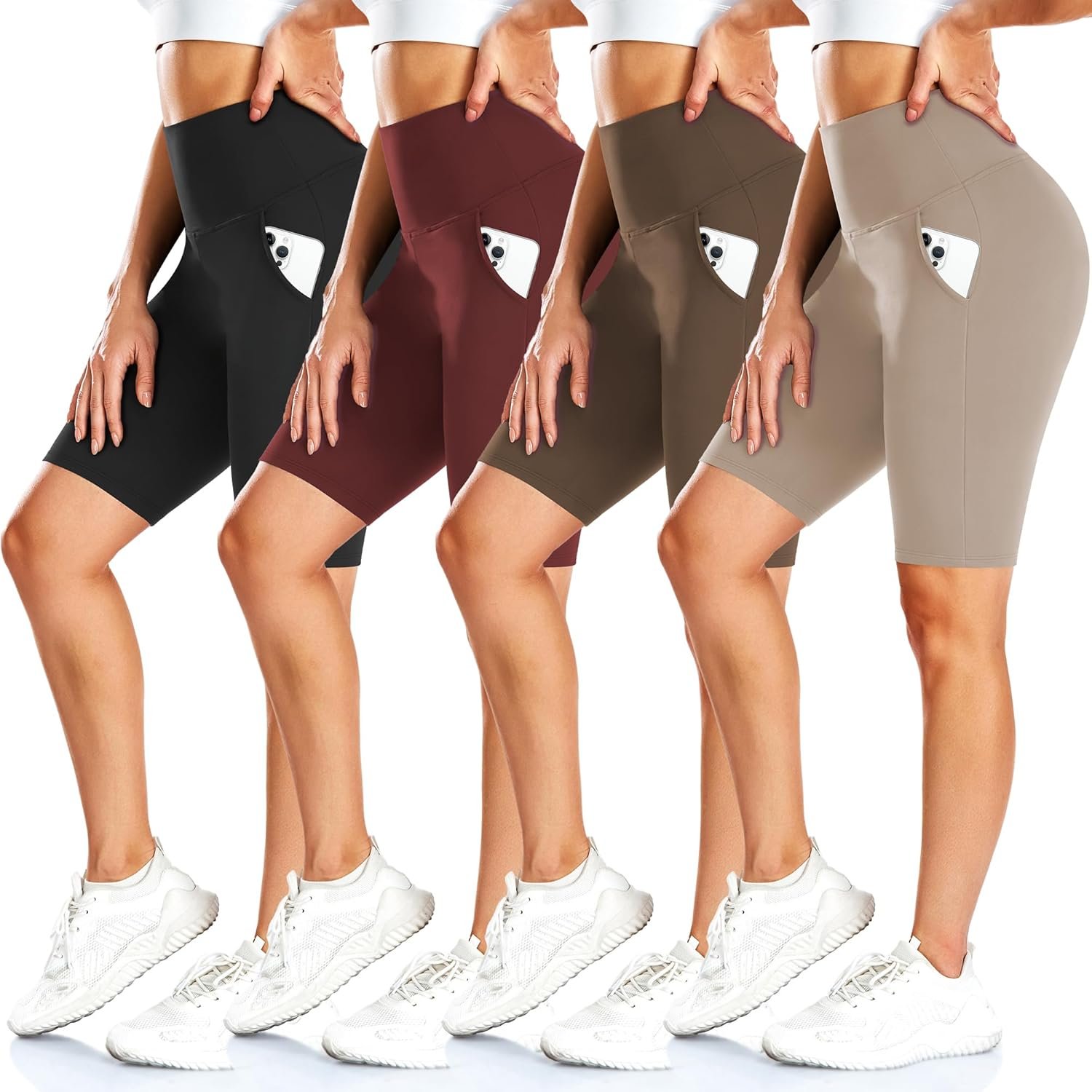 FULLSOFT 4 Pack Biker Shorts for Women with Pockets – 8″ High Waisted Tummy Control Workout Yoga Running Shorts