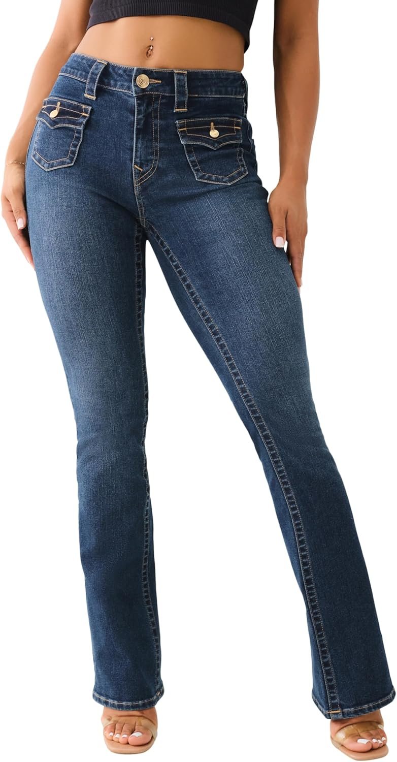 True Religion Women’s Becca MID Rise Boot Cut Flap Packet Jeans – Mira Color