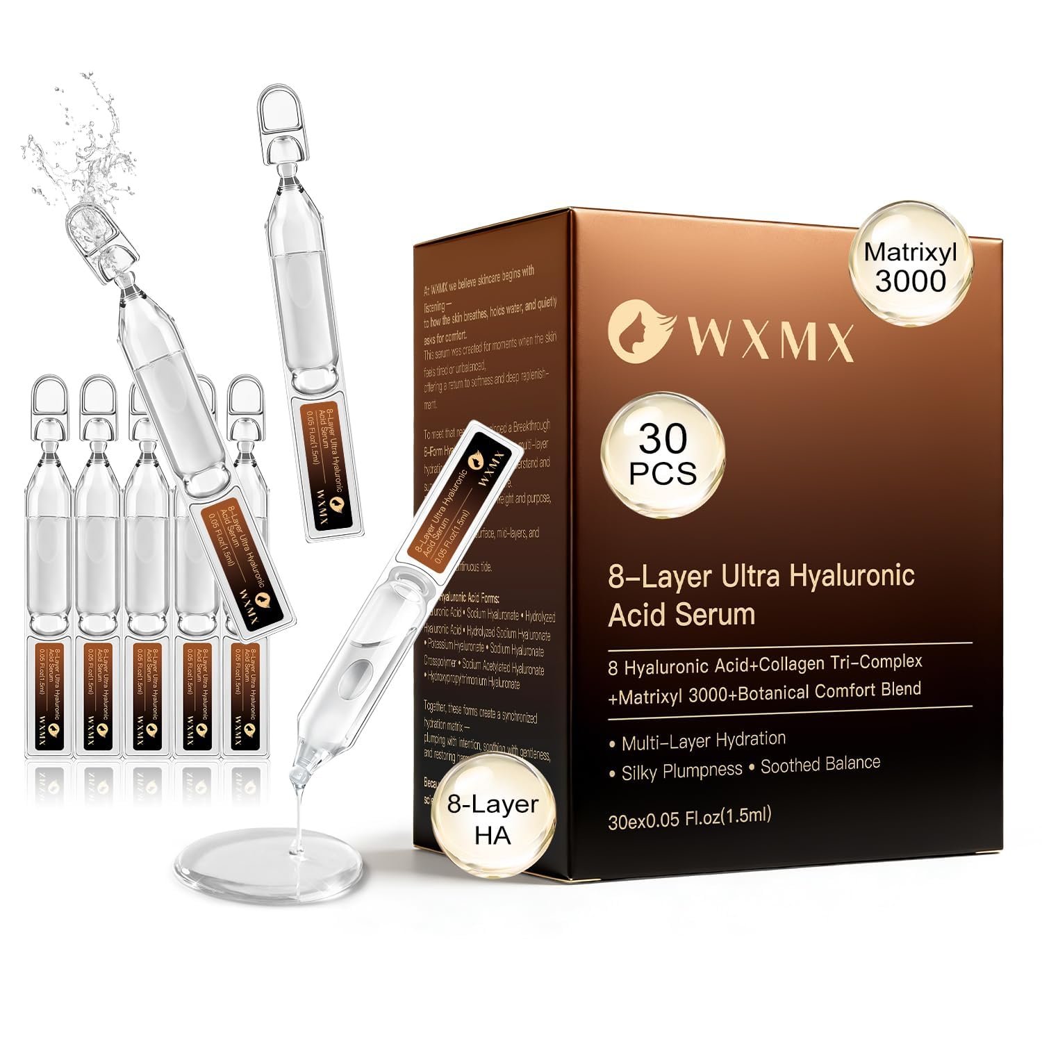 Ultra Hyaluronic Acid Serum With 8 HA Forms + Matrixyl 3000, Collagen Tri – Complex & Peptide, Multi – Layer Hydration Anti-Aging Serum, Hyaluronic Acid Serum for Face (0.05 Fl Oz (Pack of 30))