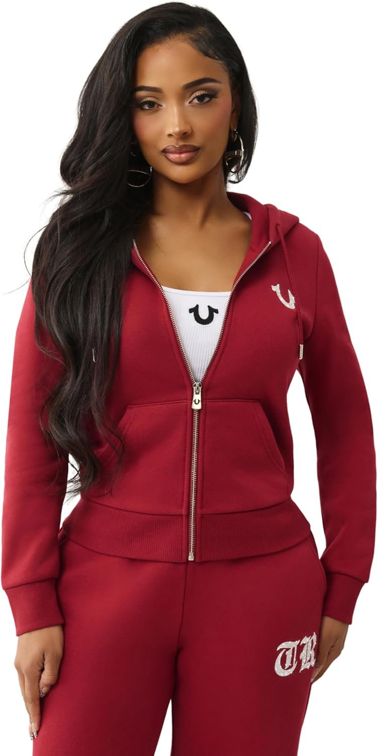 True Religion Women’s Crystal Classic Zip Hoodie – Full-Zip Sweatshirt with Crystal Logo