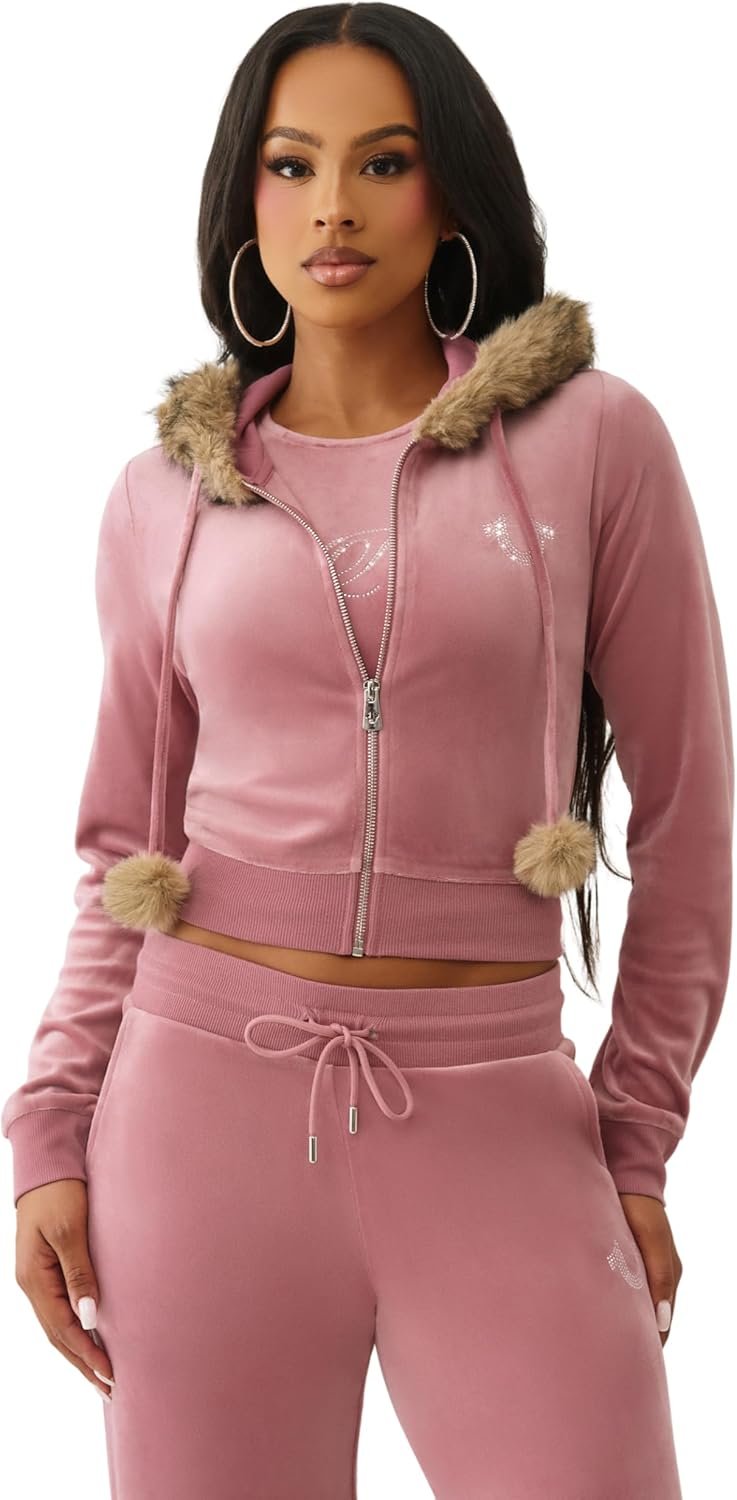 True Religion Women’s Velour Crystal Shrunken Zip Hoodie | Hoodies for Women | Zip Up Hoodie Women | Cropped Hoodie